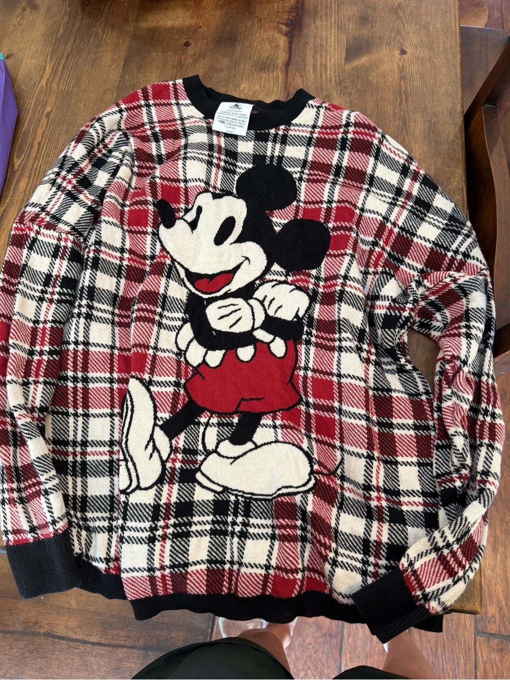 Disney Plaid Mickey Mouse Crewneck Sweater in Red, Black, Cream